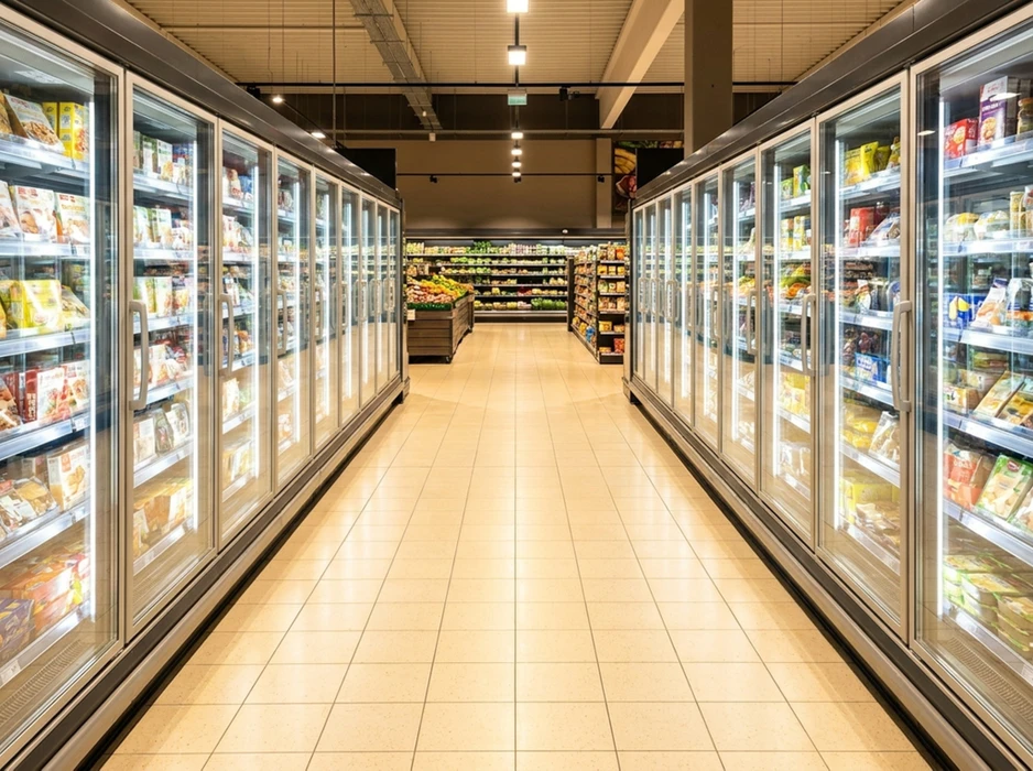 Allée de supermarché avec rayons de produits surgelés des deux côtés, vitrines réfrigérées à portes battantes en verre transparent, éclairage LED intégré
