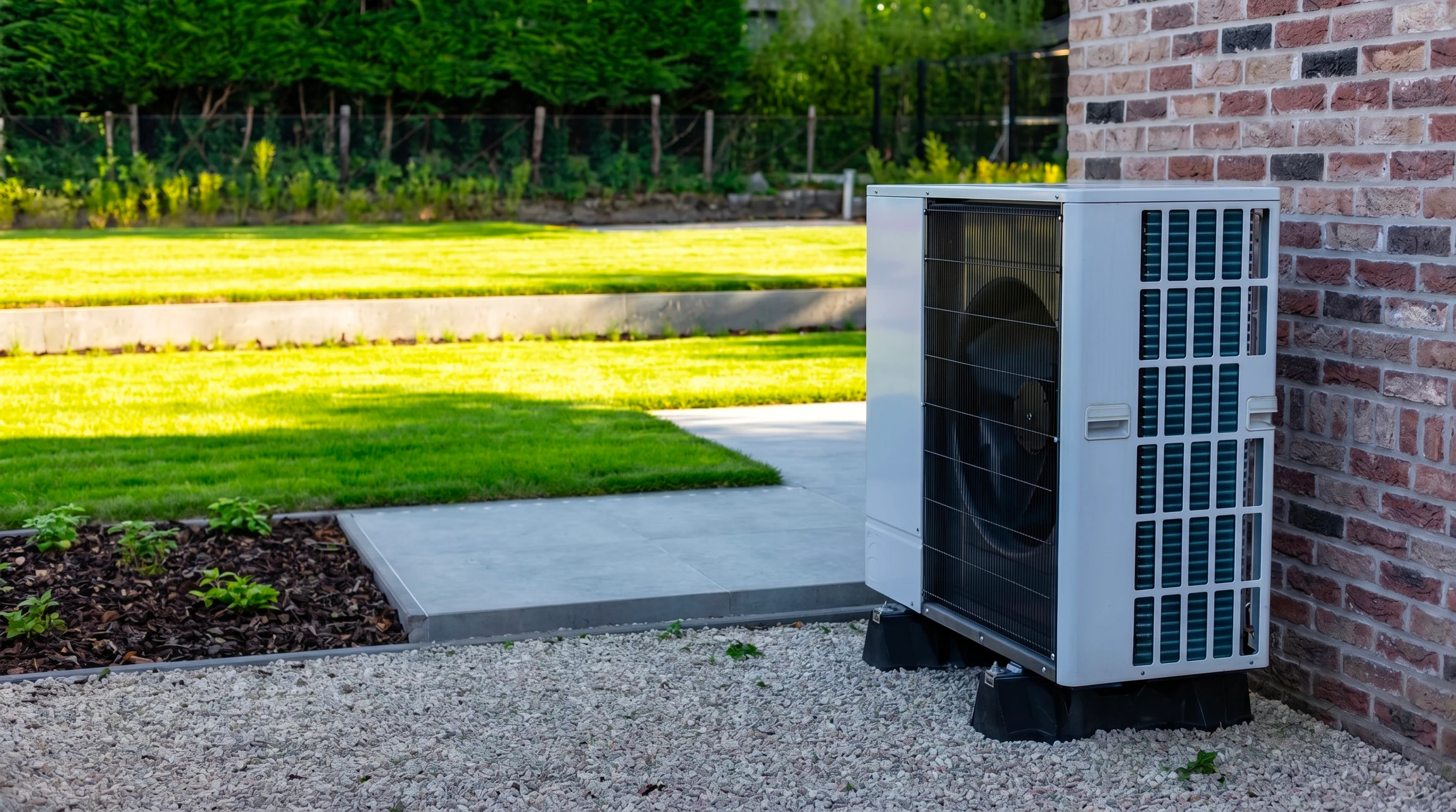 Deux techniciens en uniforme bleu travaillent sur une unité extérieure de climatisation dans un environnement urbain